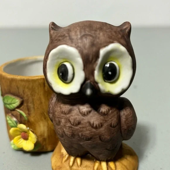Owl Figurine Tree Stump Flower VTG Made in Korea - Picture 3 of 12